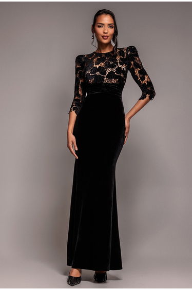Goddiva Scalloped Velvet Crochet Maxi Dress