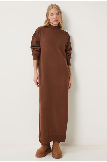 Women's Brown Turtleneck Long Knit Dress