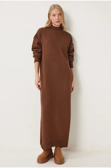 Women's Brown Turtleneck Long Knit Dress