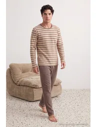 Mink Regular Striped Waffle Textured Knitted Winter Pajama Set - 3