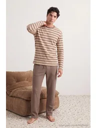 Mink Regular Striped Waffle Textured Knitted Winter Pajama Set - 1
