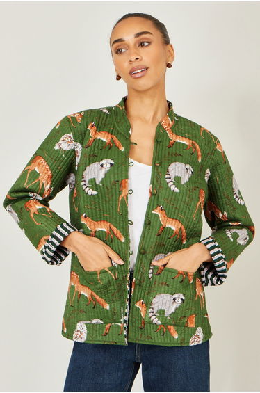 Yumi Green Fox Print Reversible Cotton Quilted Jack