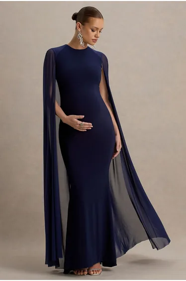 Currant | Navy High-Neck Maternity Maxi Dress With Cape