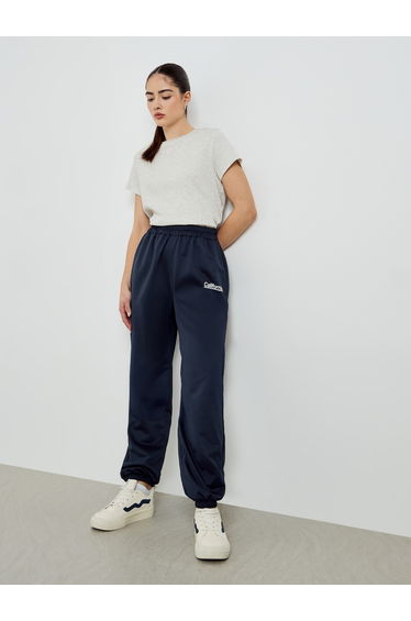 Navy Blue Slogan Printed Wide Leg Joggers