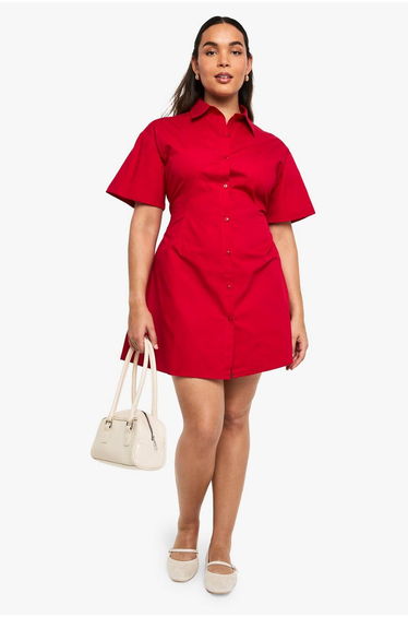 Plus Poplin Cinched Shirt Dress - red