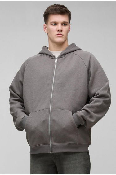 Tall Oversized Raglan Satin Applique WRLDWD Zip Thru Hoodie - charcoal