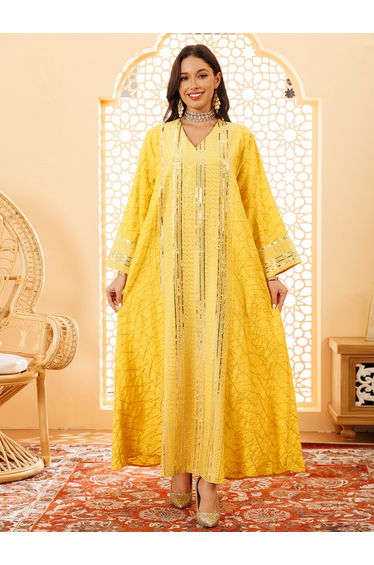 Women Yellow Sequined Embellished Jalabiya