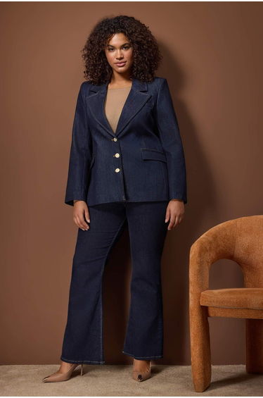 Limited edition dark blue pocket detailed waist fitting blazer denim jacket