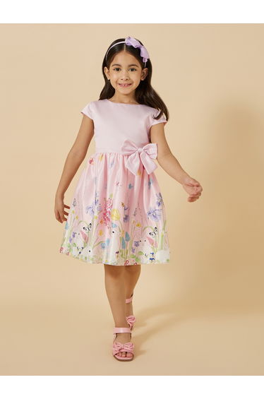 Floral Print Short Sleeve Dress with Bow Detail