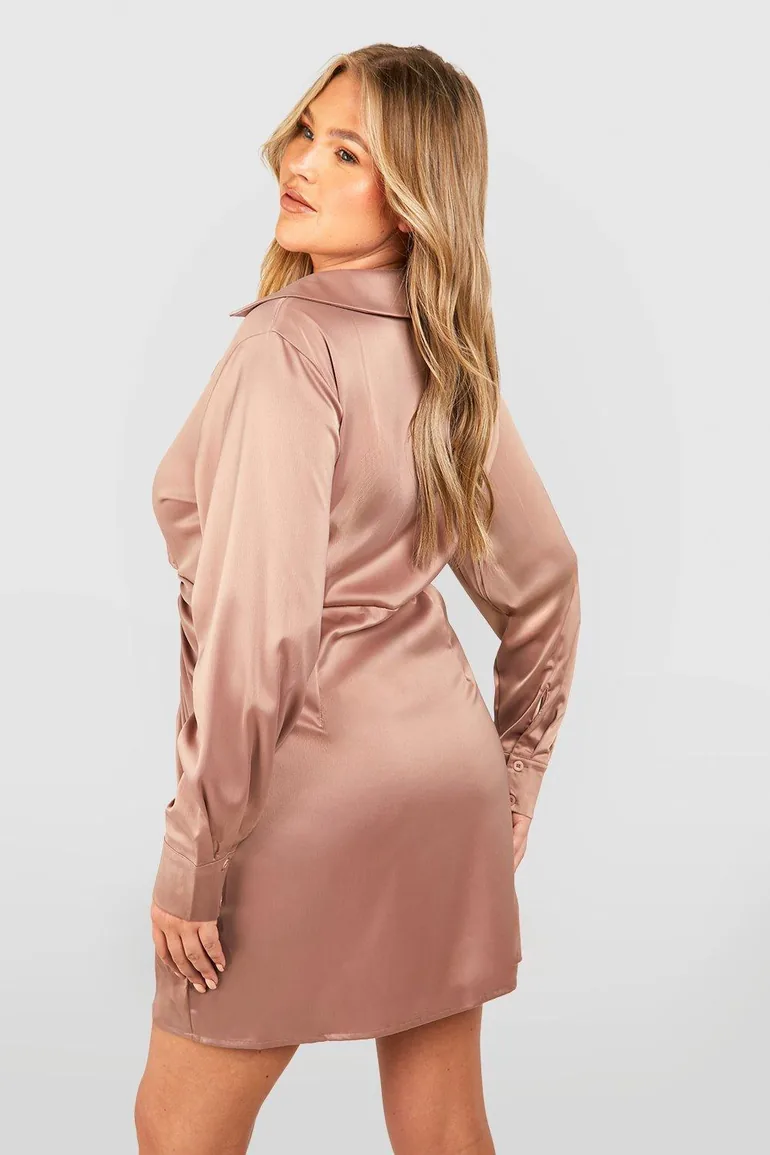 Plus Satin Shirt Wrap Dress - champagne - 1