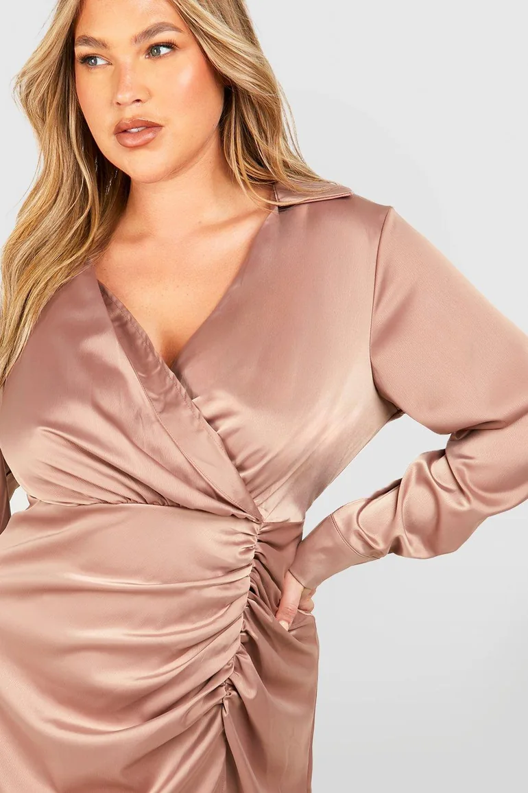 Plus Satin Shirt Wrap Dress - champagne - 3