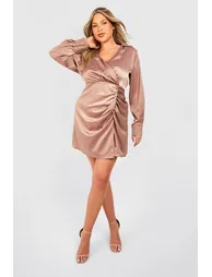 Plus Satin Shirt Wrap Dress - champagne - 2