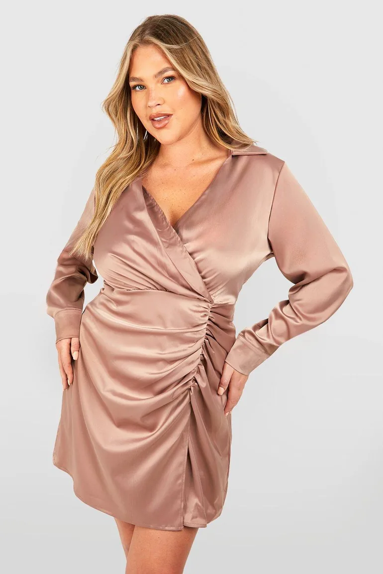 Plus Satin Shirt Wrap Dress - champagne