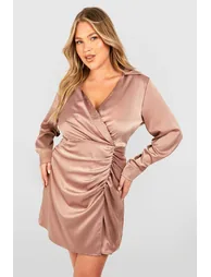 Plus Satin Shirt Wrap Dress - champagne