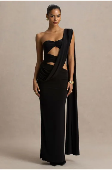 فستان ماكسي بقصة ضيقة بفتحات بأكتاف مكشوفة - أسود