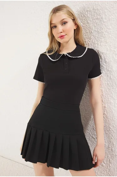 Black Color Block Baby Collar Buttoned Body-Smoothing Flexible Ribbed Knit Blouse