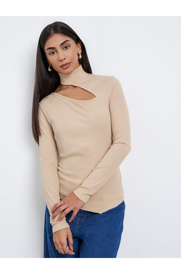 Beige Knit Top with Cut-Out Detail