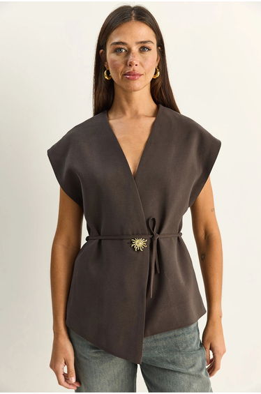 LUCCI Belted V-Neck Crepe Waistcoat