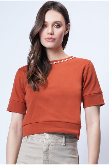 Women's Tile Crew Neck Pearls Knitwear Blouse