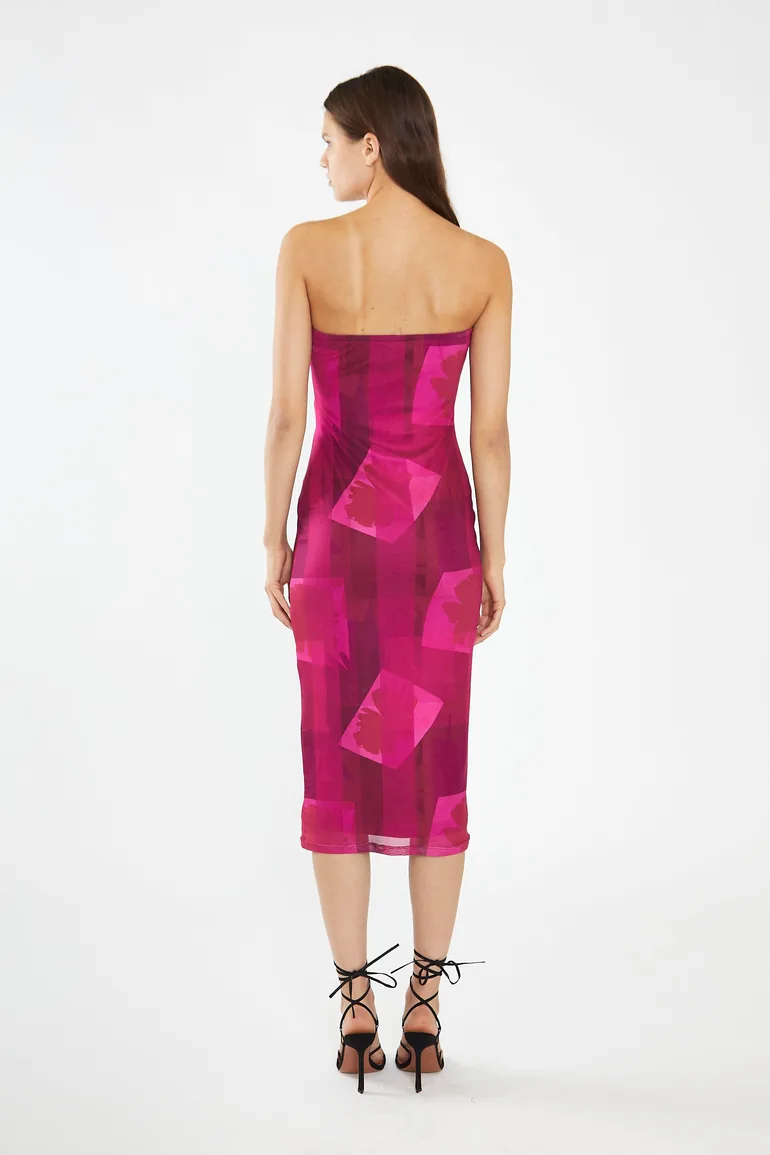 Pink-Block Mesh Bandeau Bodycon Midaxi-Dress - 2