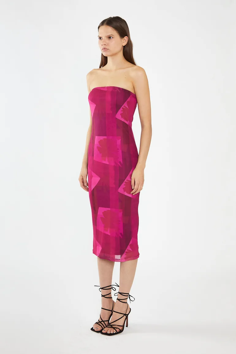 Pink-Block Mesh Bandeau Bodycon Midaxi-Dress - 3