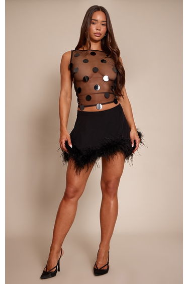 Premium Black Woven Flippy Feather Hem Mini Skirt