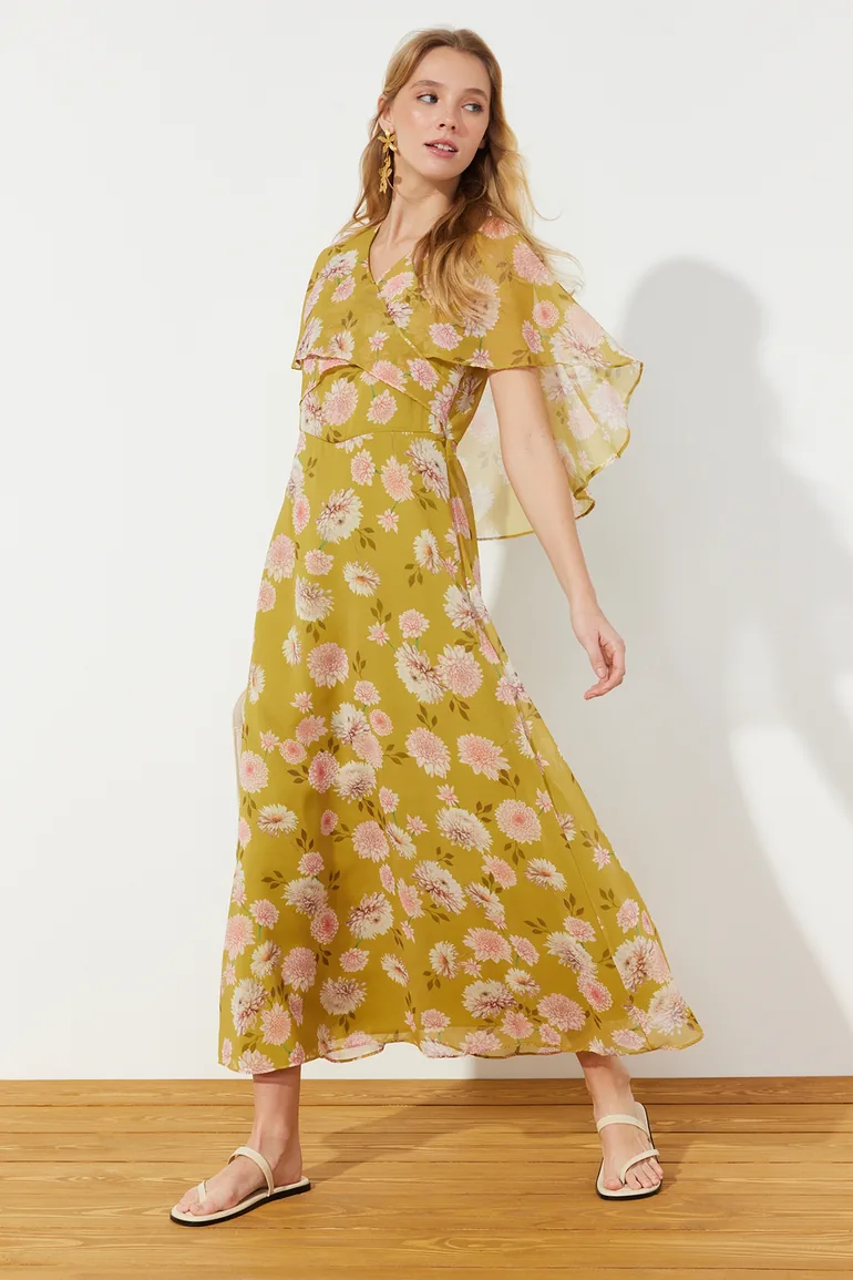 Mustard Floral Half Sleeve Lined Woven Chiffon Dress
