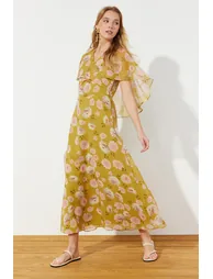 Mustard Floral Half Sleeve Lined Woven Chiffon Dress