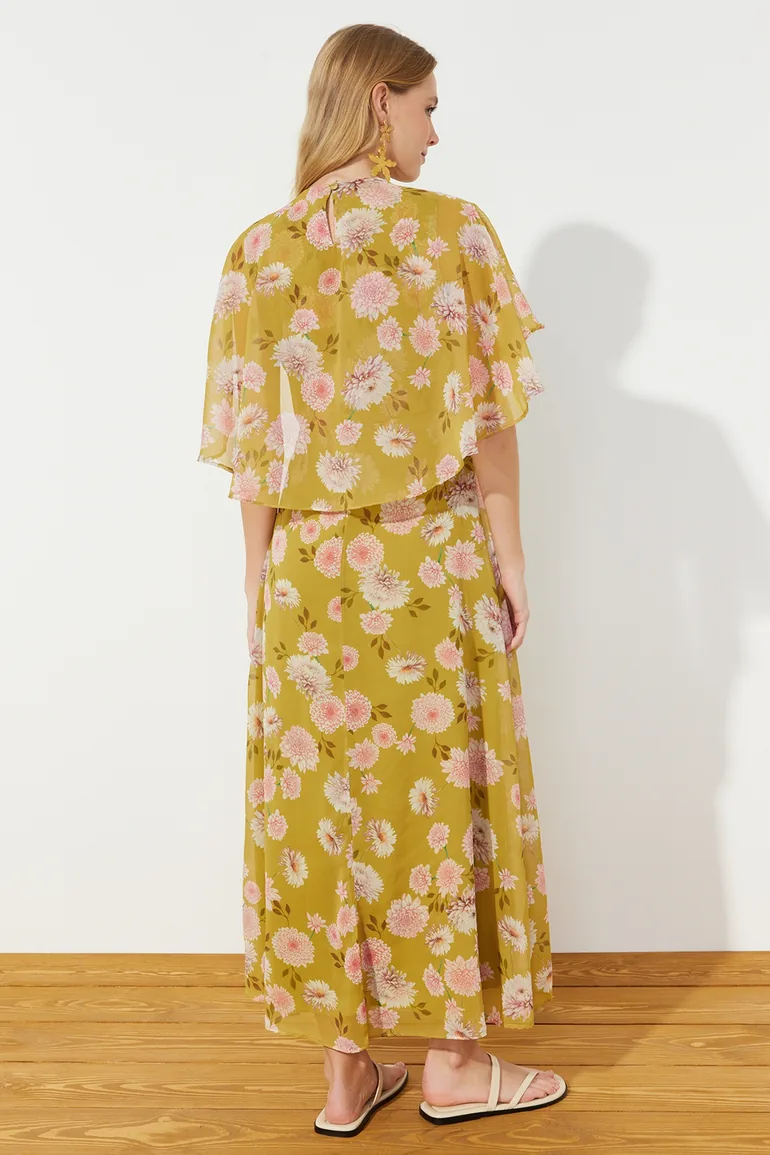 Mustard Floral Half Sleeve Lined Woven Chiffon Dress - 5