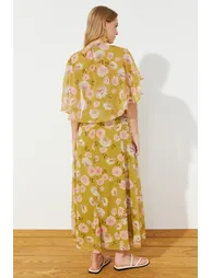 Mustard Floral Half Sleeve Lined Woven Chiffon Dress - 5