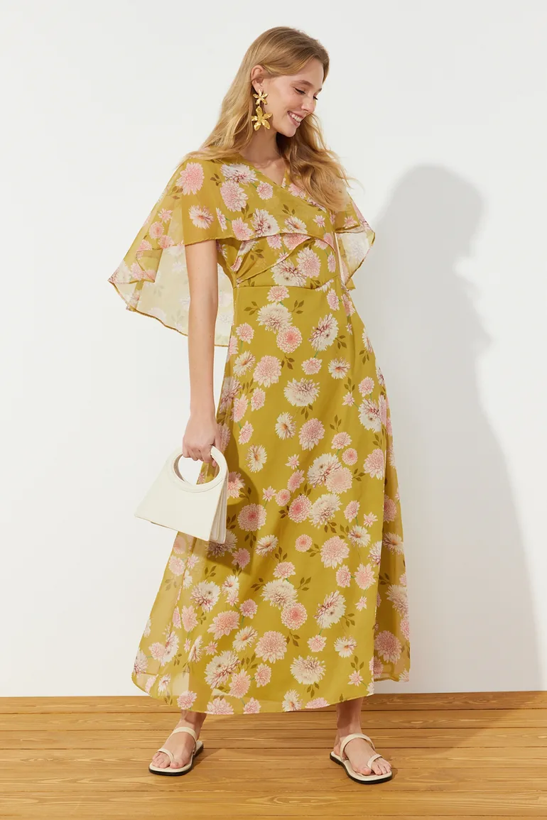 Mustard Floral Half Sleeve Lined Woven Chiffon Dress - 1