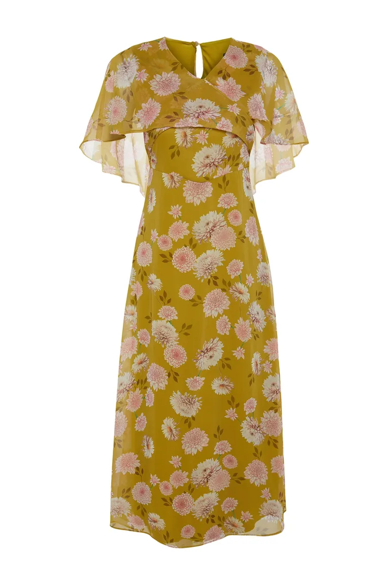 Mustard Floral Half Sleeve Lined Woven Chiffon Dress - 6