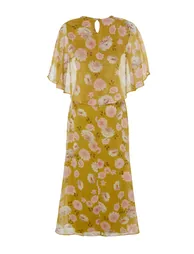 Mustard Floral Half Sleeve Lined Woven Chiffon Dress - 7