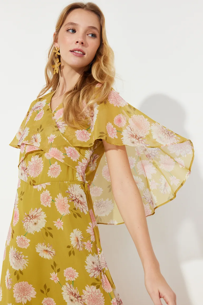 Mustard Floral Half Sleeve Lined Woven Chiffon Dress - 2