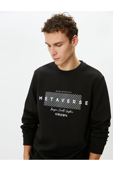 Crew Neck Slogan Printed Long Sleeve Ribbed Sweat