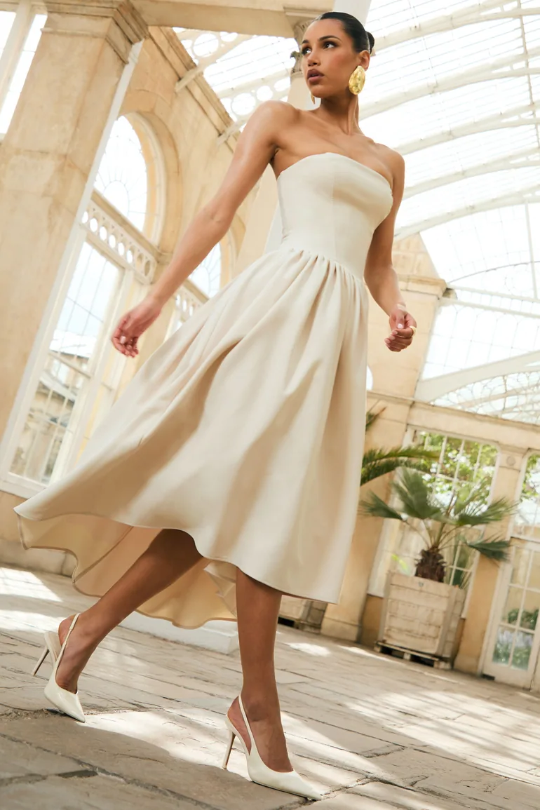 white christmas dresses Candice Cream Bandeau Volume Midi Dress With Back Bow Detail – Club L  London main image 1