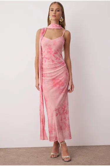 Fuchsia Scarf Detailed Tulle Knit Dress