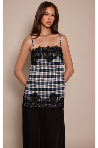 Lace Contrast Detail Brushed Blue Check Longline Cami