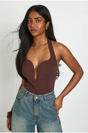 Bengaline Halterneck Cut Out Corset Top - chocolate