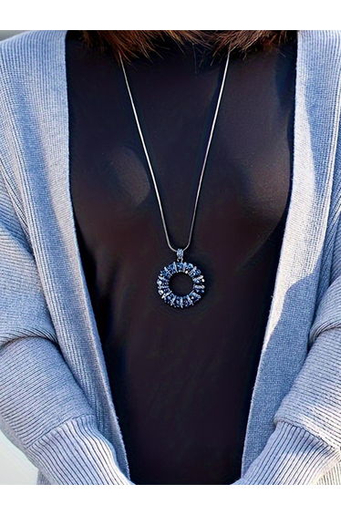 Women Blue Crystal Circle Pendant Necklace