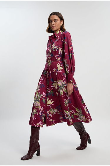 Floral Print Cotton Sateen Woven Midi Shirt Dress