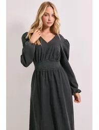 Shirred Waist Long Sleeve Denim Midi Dress - 3