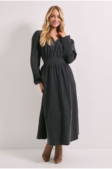 Shirred Waist Long Sleeve Denim Midi Dress