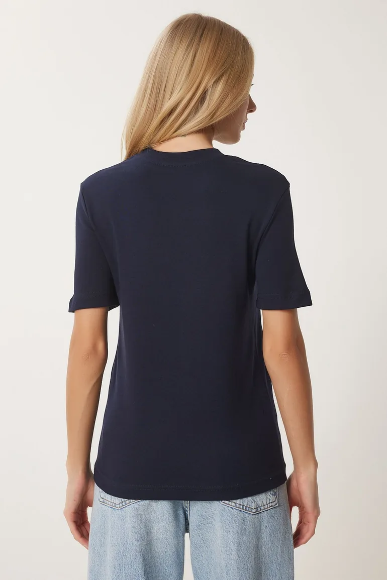 Women's Navy Blue Cotton Basic Knitted T-Shirt - 3