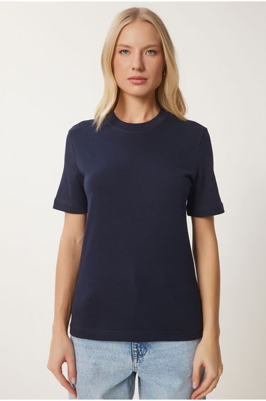 Women's Navy Blue Cotton Basic Knitted T-Shirt