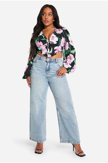 Plus Large Floral Puff Sleeve Longline Corset Top