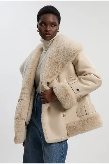 Faux Shearling Oversize Collar Short Coat