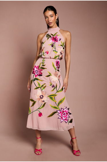 High Neck Midi Dress With Floral Embroidery