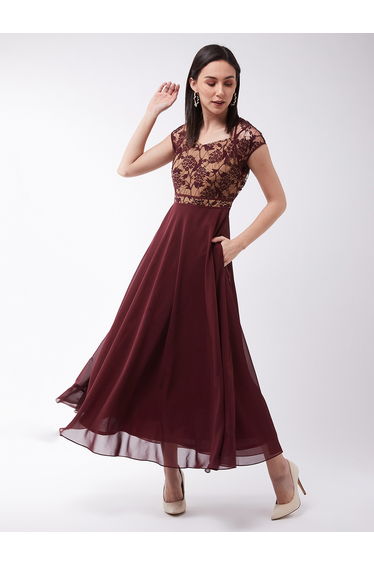 Floral Mesh Insert A-Line Maxi Dress