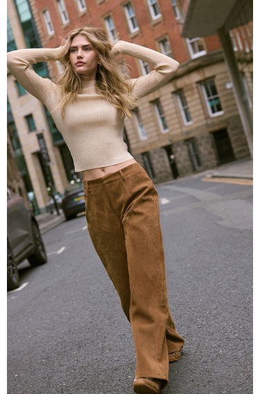 Camel Faux Suede Straight Leg Trousers